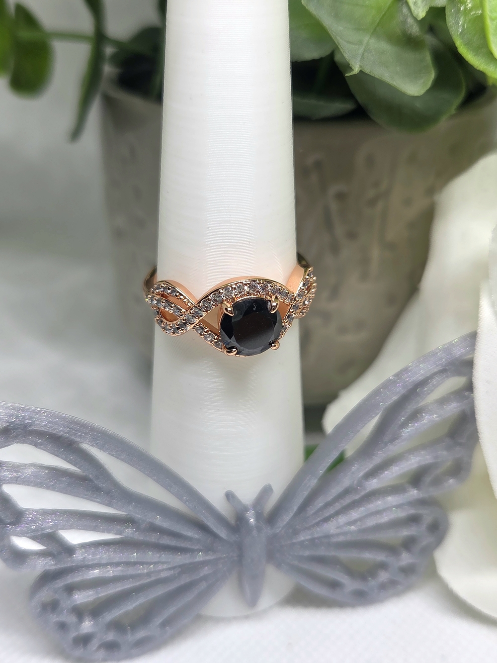BP Rose Gold Black Onyx CZ Infinity Ring with Pavé Accents